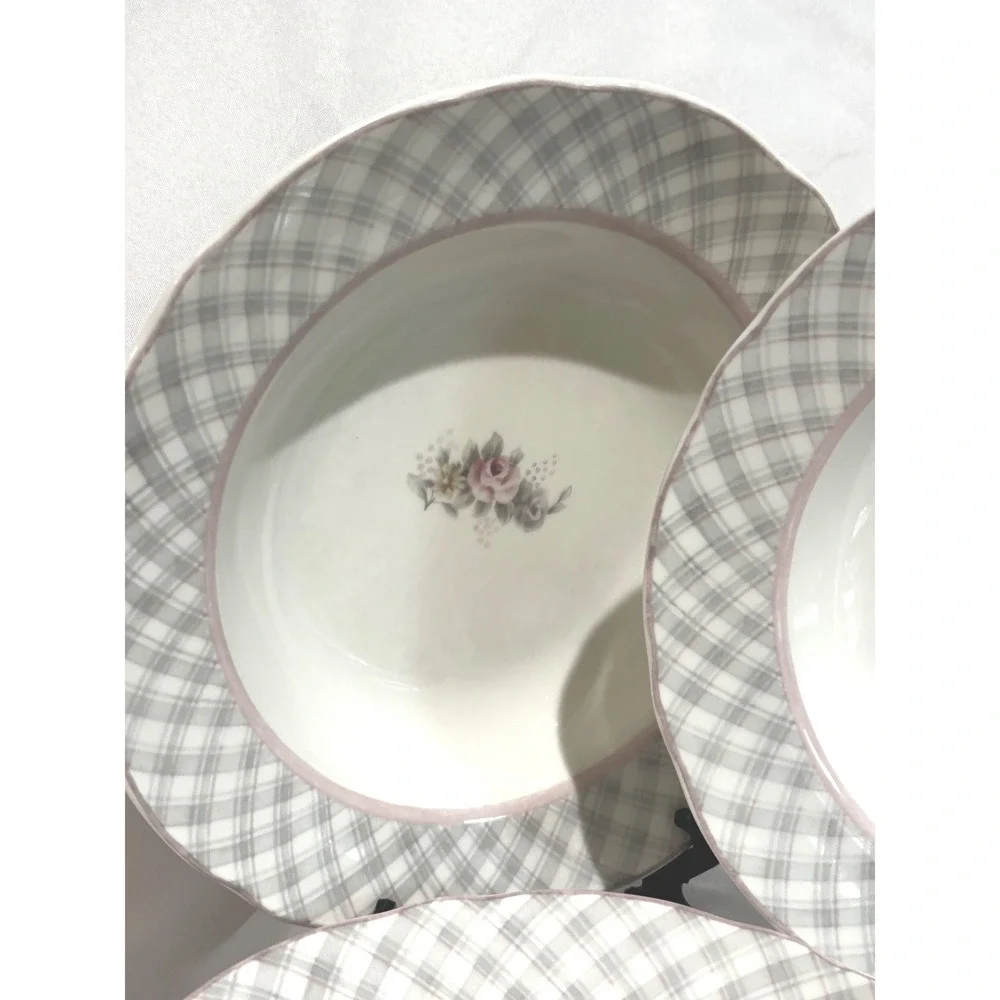 Jessica McClintock Westbury Court Clarise Soup Bowls Floral Pink Plaid Set of 3